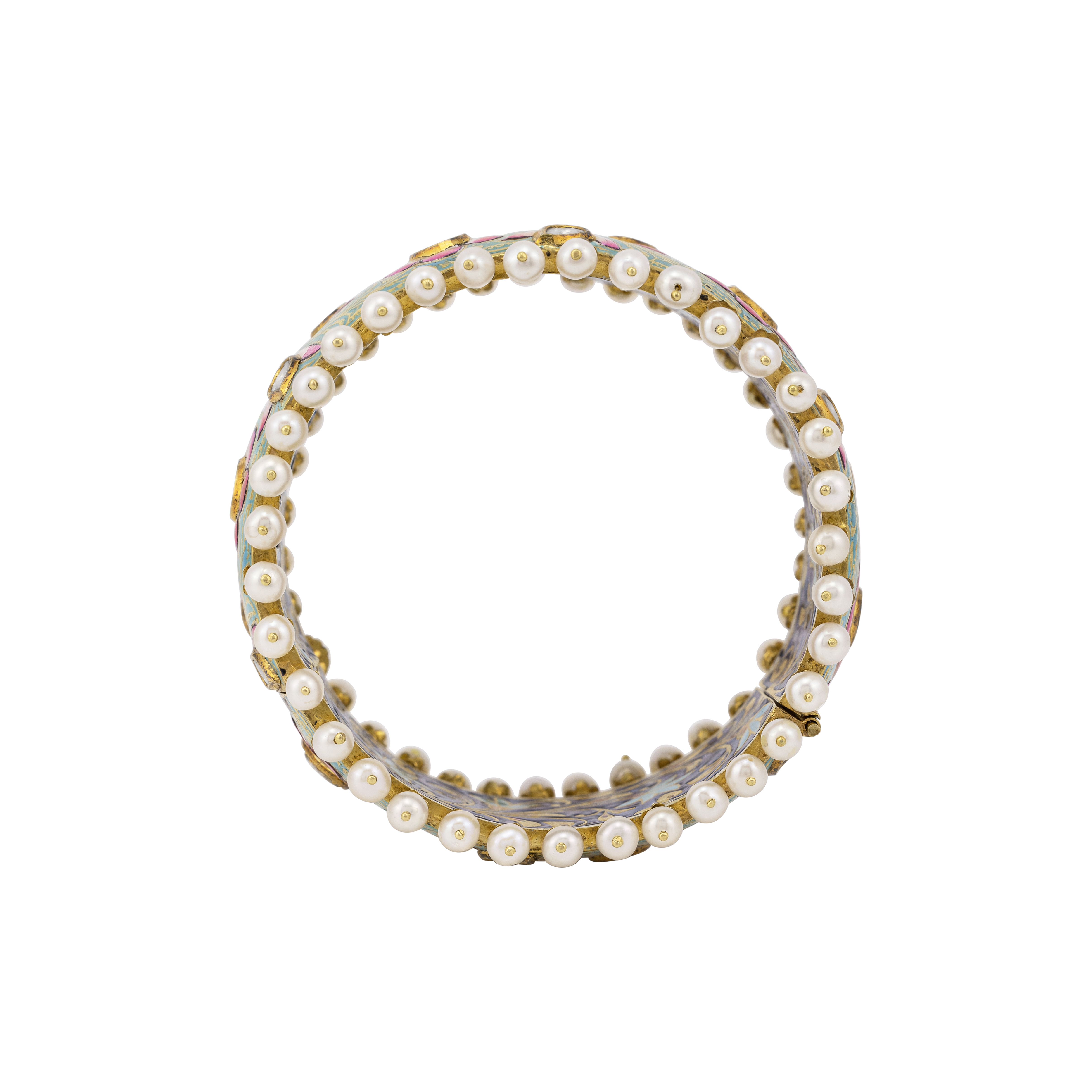Floral Enamel Polki Bangle with Pearl Fungar Borders